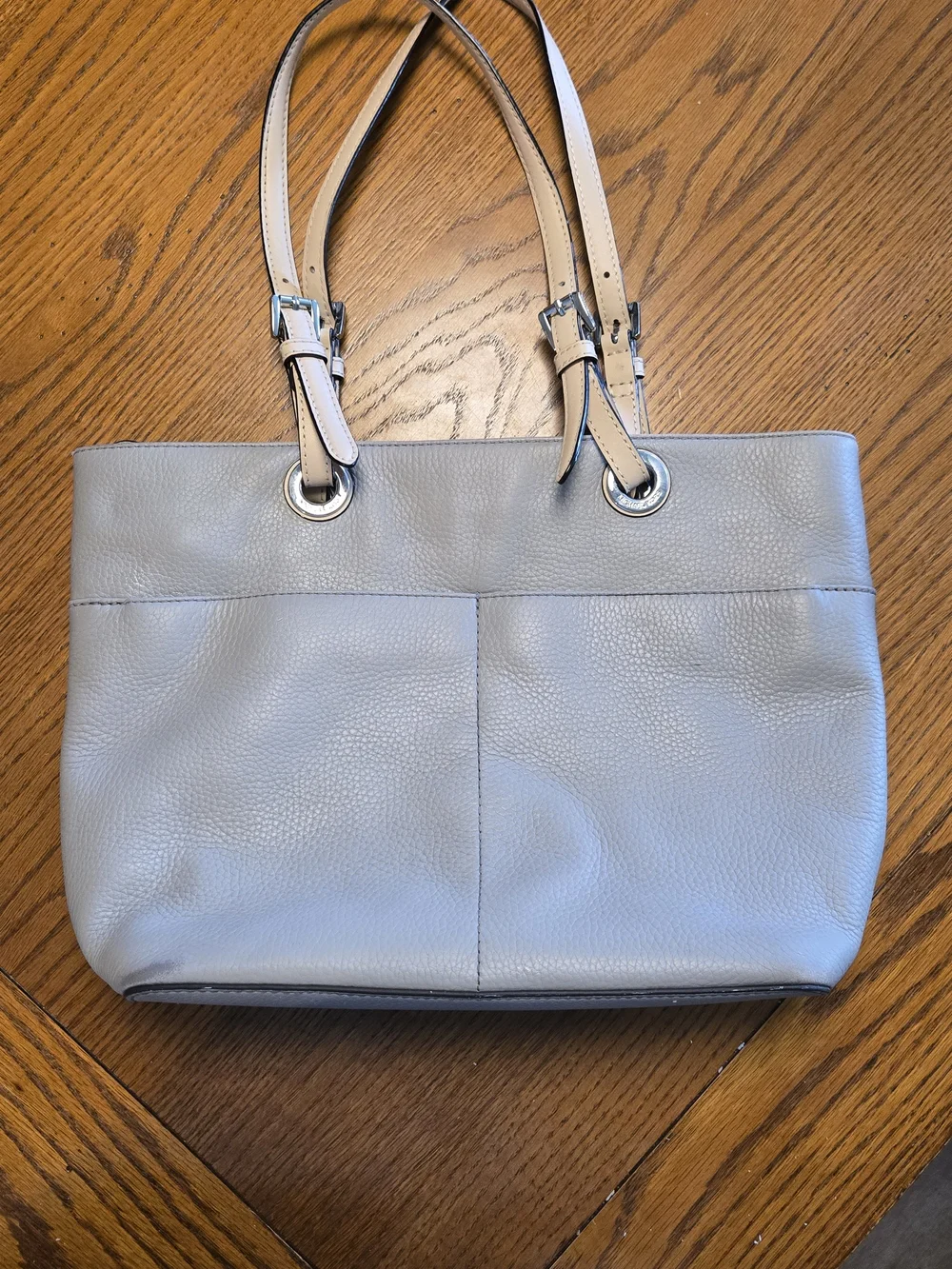 Michael Kors Pebbled Leather Tote in Light Gray with Beige Straps